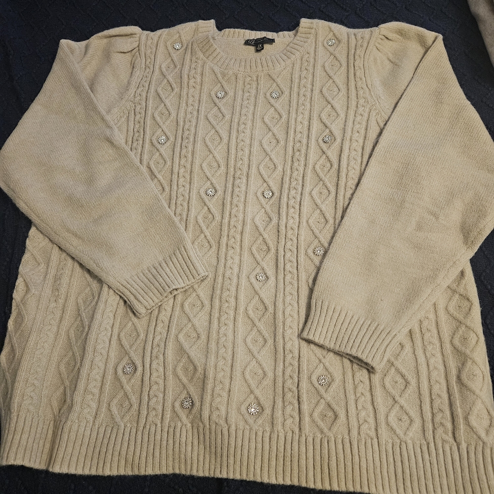 DG2 by Diane Gilman Beige Cable Knit Sweater